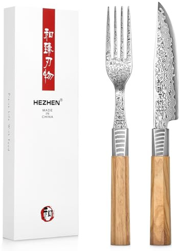HEZHEN Set di Coltello e Forchetta per Bistecca in Acciaio Damasco,Set di Posate per Tavola Coltelli Per Carne,Manico Ottagonale in Legno di Olivo