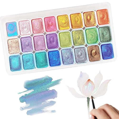 Hnonoxy 24 Couleurs Peinture Aquarelle Nacrée, Ensemble Peinture Aquarelle, Aquarelles Métallisées, Solides à Paillettes, Peintures Aquarelles à Paillettes Minérales pour Nail Art, Débutants (01)