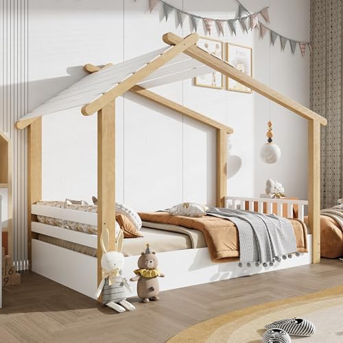 Kinderbett Hausbett 90x200, Bodenbett Montessori Bett mit Rausfallschutz&Lattenrost&Dach, Einzelbett Jugendbett Holzbett Bettgestell Spielbett Bettenhaus Kinderhaus, Kiefer, Ohne Matratze, Weiß+Natur