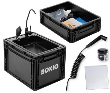 BOXIO – WASH Max+: Mobilt handfat på 40 x 30 cm i komplett set: filtersystem, campingdusch, rengöringspärlor, spegel, campinghandfat med pump utan el, campingtillbehör i eurobox.