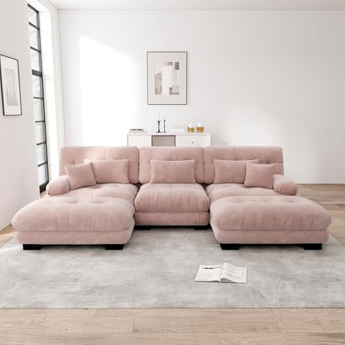DACHETOU Divano ad angolo modulare Lussuoso Oversize Cloud Divano a forma di U Dimensioni Soggiorno Seduta profonda Divano letto trasformabile con Pouf Ciniglia Rosa