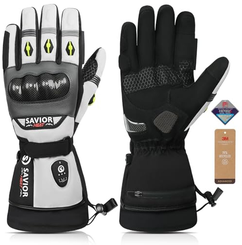 SAVIOR HEAT Guanti Moto Riscaldati Ricaricabili Impermeabili, Carbonio + PVC, Doppio Strato, Batteria 3000mAh, Cavo PD + Cavo Auto, Guanti Invernali Uomo Donna per Sci e Ciclismo (XL)
