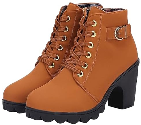 HESYSUAN Stivaletti da donna con lacci, eleganti stivali spessi traspiranti e affascinanti, fibbie in pelle scamosciata, punta a punta, tacco alto spesso, Marrone, 38.5 EU