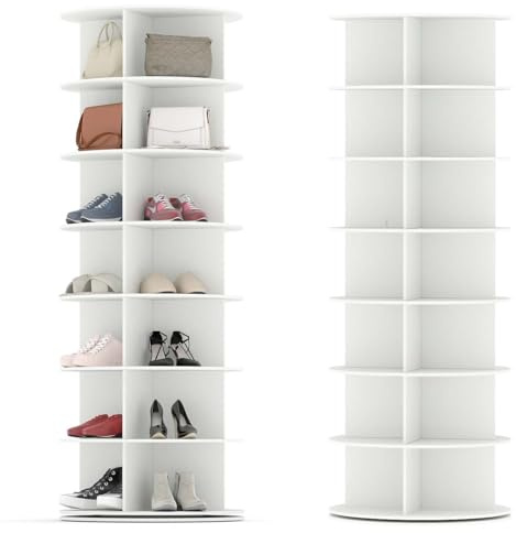 Songvas Zapatero Giratorio 7 Niveles, 360°Rotación, Vitrina Redonda de Gran Capacidad, Organizador Zapatos, Zapatero Interior Armario, Blanco, MDF, 160 x 59cm