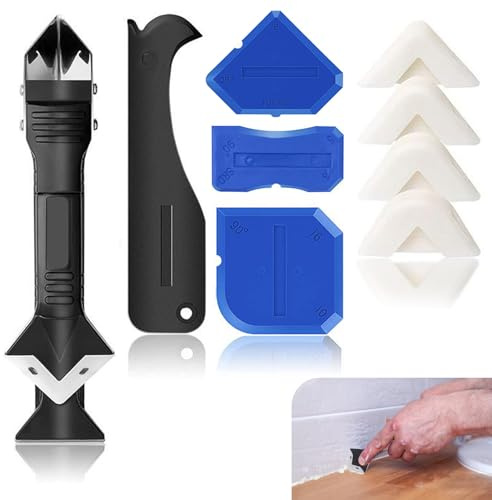 9 attrezzi per la rimozione del silicone, 5 in 1 con 4 piastre per fughe e 4 cuscinetti in silicone, set per la rimozione delle fughe in silicone, per la cucina, il bagno, il pavimento, il lavello, la