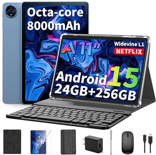 2026 11 Inch Android 15 Tablet with Keyboard, 24GB+256GB+2TB Expand, Tablets PC with Gemini AI, Octa-Core, 8000mAh, 5G WiFi, Widevine L1, GMS, GPS, 2 in 1 Tablets with Case, Mouse, Stylus(Black Case)