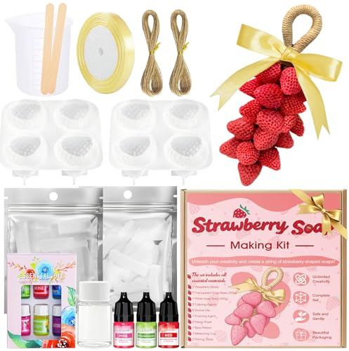 Kit Sapone Fai da te, Kit per Sapone Fai da te Forma di Fragola, Include Base per Sapone Fai da te, Stampi per Sapone e Altri Accessori, per i Principianti