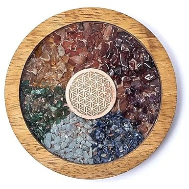XdeliX Chakra underlägg 10 cm – livets blomma – mangoträ och harts med 7 ädelstenar – glasunderlägg för koppar och glas – andlig dekoration yoga och meditation, regnbågsfärggradient, handarbete