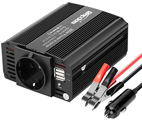 Bapdas 300W Convertisseur Transformateur DC 12V AC 220V-240V, Ports USB Dual 5V / 2.1A Corps en Aluminium avec Attaches de Batterie de Voiture et Chargeur de Voiture