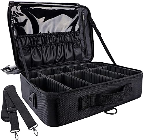 gzcz Large Capacity Travel Makeup Train Case,Professional Cosmetic Bags for Women,Portable Makeup Brush Bag Organizer Storage with Adjustable Dividers and Shoulder Strap