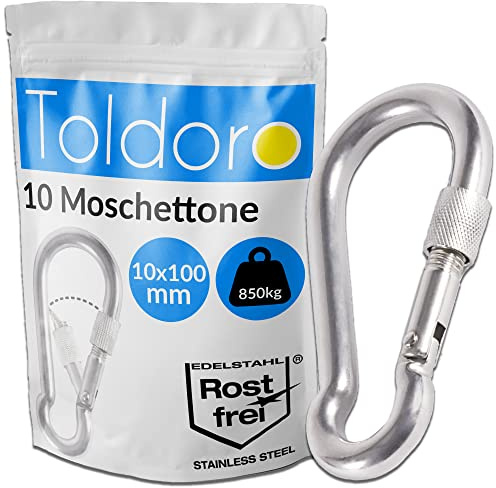 Toldoro® 10x Edelstahl Karabiner mit Schraubverschluss 100mm Rostfrei - NIRO AISI 316 V4A / Karabinerhaken Klein für Schaukel, Hängematte oder Sonnensegel/Schraubkarabiner, Bruchlast 870kg