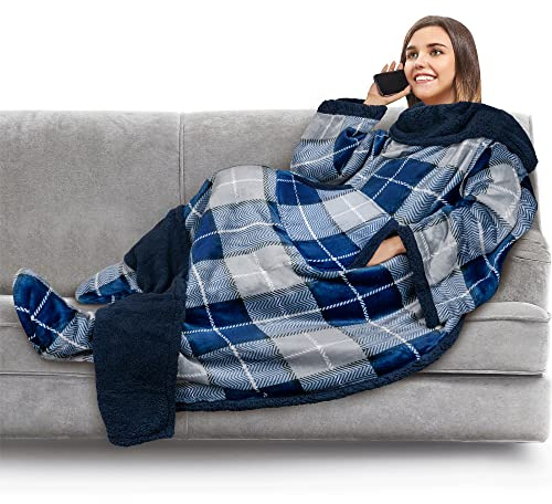 PAVILIA Fleece Blanket with Sleeves, Foot Pockets for Women Men Adults, Plush Wearable Blanket Throw Wrap, Warm Snuggle Blanket Robe, Cozy Gift Ideas Wife Mom, Plaid Navy Blue
