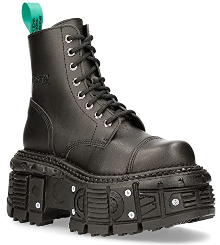 Botas New Rock TANKMILI083C-V2 de Cuero Vegano Negro con Plataforma de Combate Motociclista Militar Punk Gótico 6.5