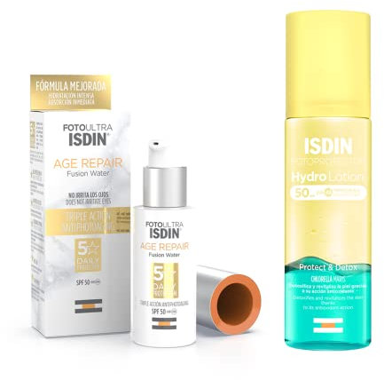 ISDIN - FotoUltra Age Repair Fusion Water SPF 50 - Protector solar facial de fase acuosa+ISDIN HydroLotion SPF 50 - Fotoprotector solar Corporal Bifásico