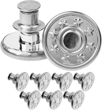 Justerbara byxknappar, 8-pack, nickelfria, för allergiker, Ø 17 mm jeansknappar i mässing, silverfärgade, kan alltid justeras i midjan, gör jeansen tightare, byxknappar med stiftknapp