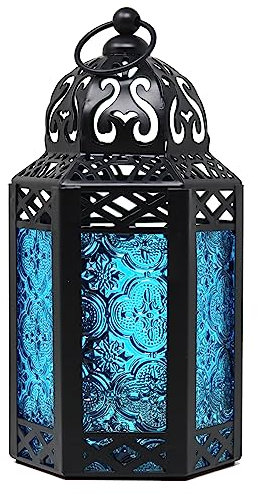 Lanterne à Bougie Marocaine, bougeoir décoratif pour Table ou à Suspendre, décorations du Ramadan, décoration intérieure, Patio ou Porche extérieur, Mariages, S, Bleu