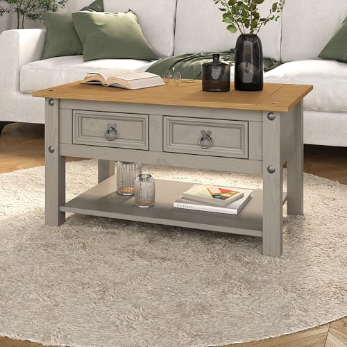 Corona Grey 2 Drawer Coffee Table Occasional Mexican Solid Pine Two Tone