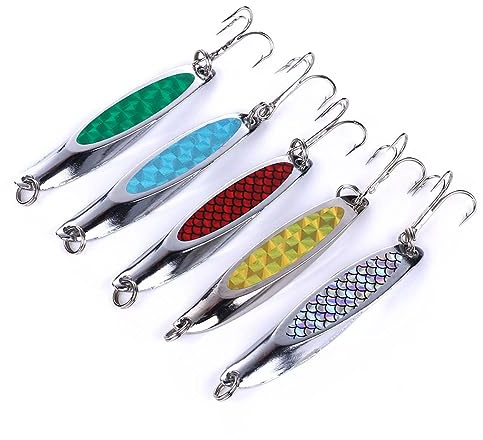 OriGlam - Lote de 5 señuelos de pesca para cucharas de metal, cebos duros y spinner de fuegos de metal, para truchas de golpes