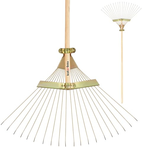 KOTARBAU® Verstellbarer Laubbesen 260–580 mm mit Holzstiel 150cm Rechen aus Fächerbesen zum Fegen von Laub Gras Gartenharke Gartenrechen Gartengeräte Gartenwerkzeug Verzinkter Stahl Laubfeger