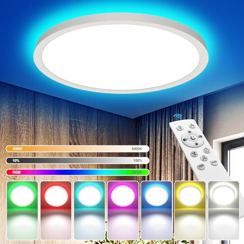 YiLaie LED Deckenleuchte Dimmbar mit Fernbedienung 24W 30cm,2700LM Deckenlampe LED RGB Farbwechsel,IP44 Wasserdicht Deckenlampe Badezimmer,3000K-6500K Lampe Decke für Wohnzimmer Schlafzimmer
