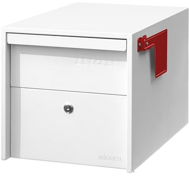 adoorn Lockable Post Mount Mailbox | Small (White), Size 12 x 12 x 18.5 (HxWxD) Anti-Theft Locking Mailbox with 2 Keys, Modern Mailbox with Flag, Weatherproof Mailboxes for Outside