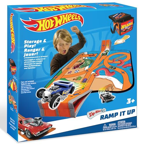 Hot Wheels Tara Toys Ramp It Up ZipBin Storage Box, Holds 300 Toy Cars, Includes Playmat and 2 Fold-out Ramps, Ages 3+