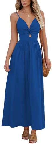 CUPSHE Robe d'été pour femme Boho Col en V Sans manches Robe de plage Twist Front Robes de loisirs Vacances Maxi Robe, bleu roi, M
