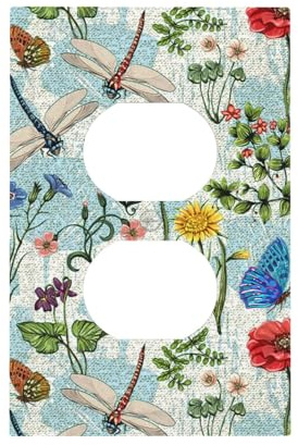 Retro Teal Boho Insect Dragonfly Butterfly 1 Gang Duplex Receptacle Wall Plate Spring Leaf Red Floral Flower Sunflower Electrical Outlet Decorative Decorator Light Switch Faceplate Plug Socket Cover
