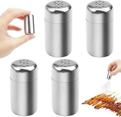 4 Pcs Kitchen Seasoning Jar, Stainless Steel Salt Pepper, Mini Shaker Salt and Pepper Pots, Spice Shaker, Portable Salt Shakers with S-Shaped Holes for Home, Camping, Picnics, Lunch Boxes (Silver)