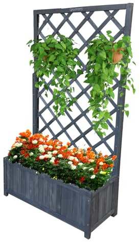 Vivo Technologies Large Rectangular Wooden Planter with Liner and Lattice Trellis Panels for Climbing Plants, 70x30x135cm Flower Plant Pot Box for Garden Patio, Grey