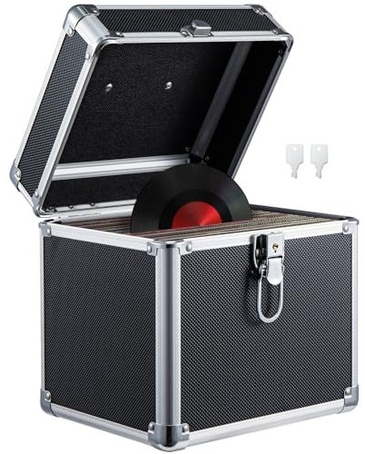 CROWNSHOP LP Storage Case 7 Record Storage Box 7 Vinyl LP Storage Box Case Aluminum Portable Lockable DJ Flight Carry Case Holds 100pcs Albums Vinyl Record Storage (Black 7 inches 50pcs)