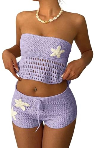 Geagodelia Ensemble Crochet Ajouré Femme 2 pièces d'été - Tube Top Débardeur Tricoté sans Bretelles+ Short Mini à mailles Taille Élastique (Violet, M)