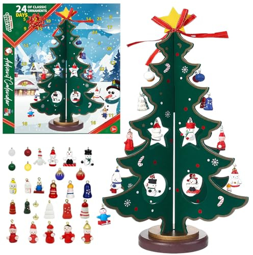 Adventskalender 2025, 36 cm julgran med 35 ornament 24 dagar jul nedräkning adventskalender mini julgran för bordsdekoration party gästpresenter present barn