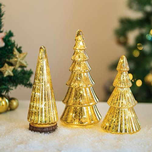 Hewory Mercury Glass Christmas Tree: Set of 3 Gold Table Top Christmas Ornaments Trees with LED Lights, Christmas Centerpiece Table Decorations Indoor for Dining Fireplace Mantel Winter Holiday Decor