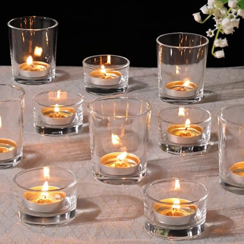 LETINE 12 PCS Clear Tealight Holders, Votive Glass Tea Light Candle Holders 2 Styles of Tea Light Holders for Wedding, Birthday, Party and Christmas Table Centrepiece