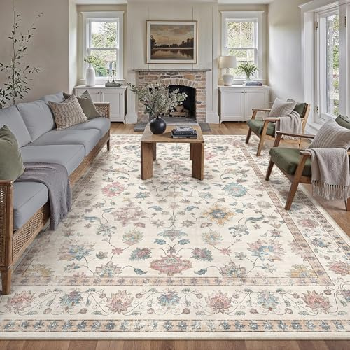 PureCozy Vardagsrumsmatta, 300 x 400 cm, tvättbar, blommig design, kort lugg, halkfri, mjuk, boho blommor, vintage, stor matta för sovrum, kök, matsal, vardagsrum, flerfärgad
