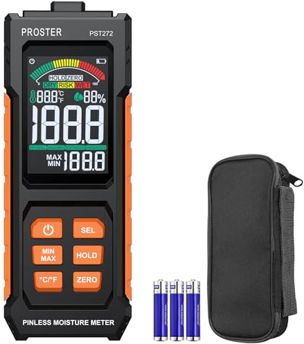 Proster Pinless Damp Meter for Walls - Wood Moisture Meter with Tri-Colour Bar Chart & Visual & Sound Alerts Non-Invasive Moisture Detector for Drywall Masonry Hardwood SoftWood Detects up to 20mm