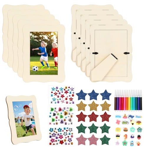 Marcos de Fotos de Madera para Manualidades Niños, Set 10 Portafotos Ondulados 19 x 14 cm con 12 Rotuladores, Pegatinas, Estrellas y Arcilla Suave, Portarretratos DIY para Dibujos y Fotos