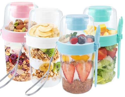 HO-SFSM 4 tazas para muesli, yogur o ensalada, con tapa y cucharas, compartimentos para yogur y muesli, tazas para llevar al trabajo o al colegio