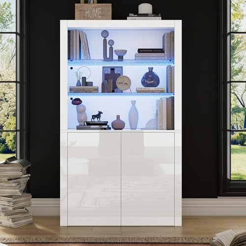 Fppuueg Vitrina Cristal Vitrina Salon con Luces LED y Separadores de Cristal, Vitrina Expositora con 2 Puertas, Armario de Colección Moderno, Armario Alto Multifunción, Vitrinas, 100x35x170 cm, Blanco