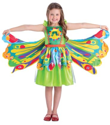 Smiffys Official The Very Hungry Caterpillar Butterfly Costume for Children, Licensed Storybook Fancy Dress, Colourful Dress & Detachable Butterfly Wings w. Wrist Straps, Girls Fancy Dress, WBD Age4-6