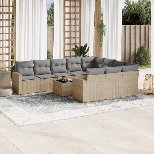 WEMYUFURN Set di 11 divani in polyrattan beige con cuscini, divano da giardino modulare in rattan PE, gruppo seduta con piano in vetro e vano portaoggetti sotto la seduta