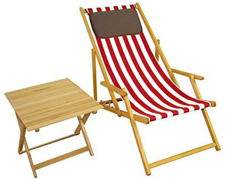 Erst-Holz Gartenstuhl rot-weiß Sonnenliege Strandstuhl Deckchair Buche hell Tisch Kissen 10-314 N T KD