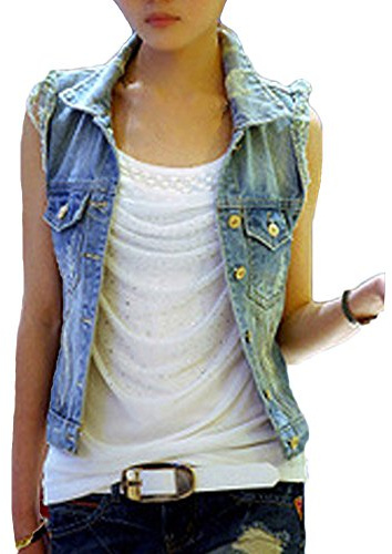 Runyue Donna Giacca Denim Senza Maniche Gilet in Jeans Slim Fit Lavaggio Colore Chiaro Strappati Giubbotto in Jeans Blu S
