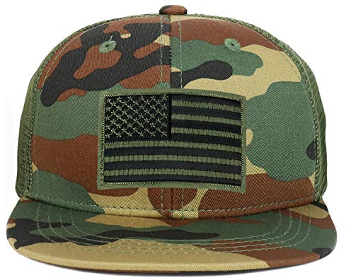 Armycrew Youth Kid's Olive American Flag Patch Flat Bill Snapback Trucker Cap - Woodland