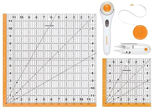 Fiskars Crafts Essentials 5-Piece Set - 45mm Blade Rotary Cutter for Fabric, Self Healing Cutting Mat, and Sewing Ruler - Craft Supplies - White/Gray