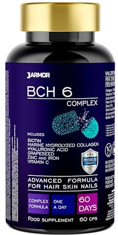 Colageno y Acido Hialuronico | Biotine Zinc Hierro Vitamina C + Proantocianidinas | Colágeno BCH 60 Cápsulas | J.Armor Pharma Complement Alimentaire Cheveux, Vitaminas Para el Pelo