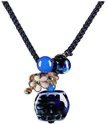 XXXXW Neuheit Halsketten Anhänger Chinesische Stil blau Achat Anhänger Handgemachte Halskette Keramik Cloisonne Kleidung Zubehör Anhänger Geschenk für Mutter (Länge einstellbar) Damen-Collier