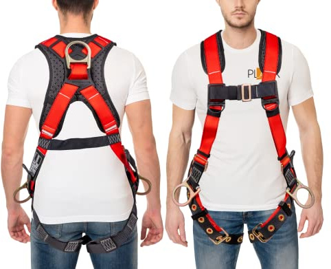 Palmer Safety ATERET Fall Protection 5pt Safety Harness, 3D-ring, Quick-Connect Buckle, Grommet Legs, Sewn in Back Pad I OSHA ANSI Compliant Personal Equipment (Red - Universal), (H222100111)