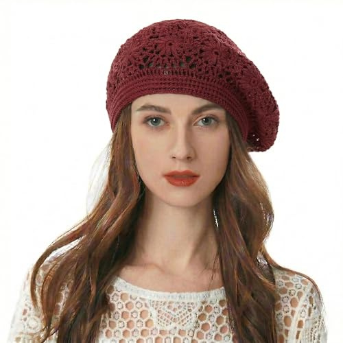 ZLYC Säckig virkad basker i bomull, dam, handgjord, utskuren, blommig mössa, beanie, hatt, one size
